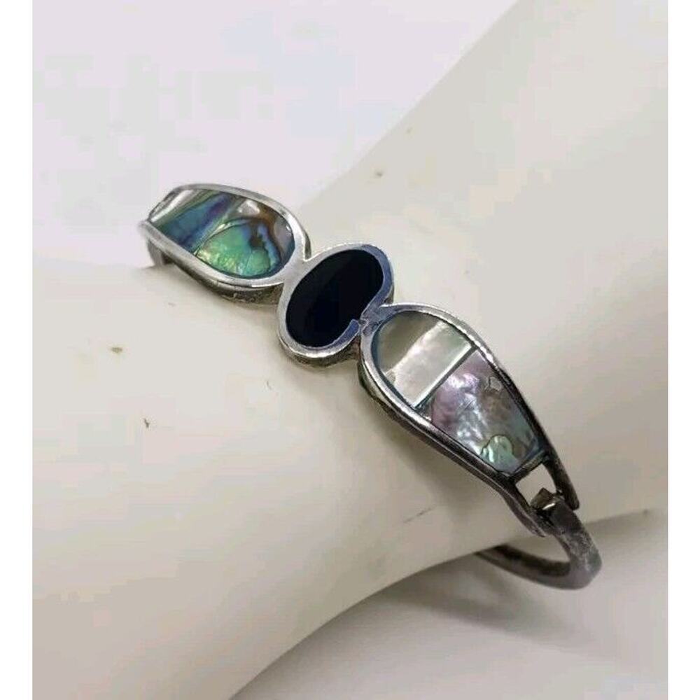 Vintage Bracelet Mexico 925 Sterling Silver Hinged Abalone Onyx Signed Butterfly